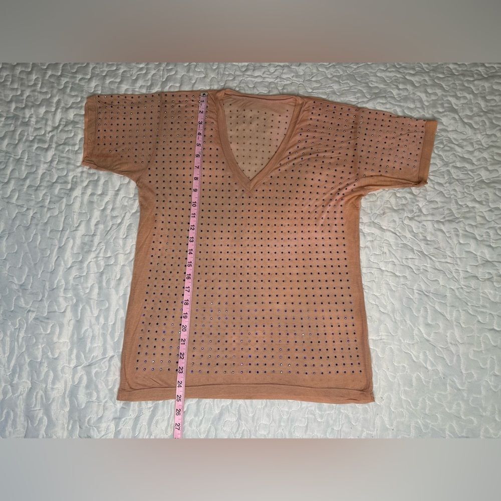 Sheer Rhinestone Studded V-Neck Tee Y2K Festival Nude Short Sleeve Top Small - Picture 8 of 8